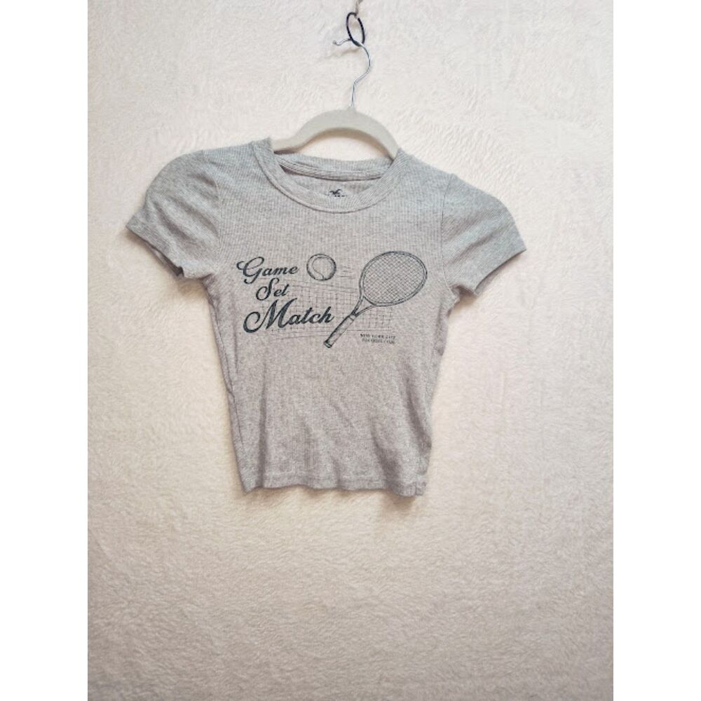 Hollister Game Set Match Grey Ribbed Graphic Tennis Baby Tee Shirt Size XS